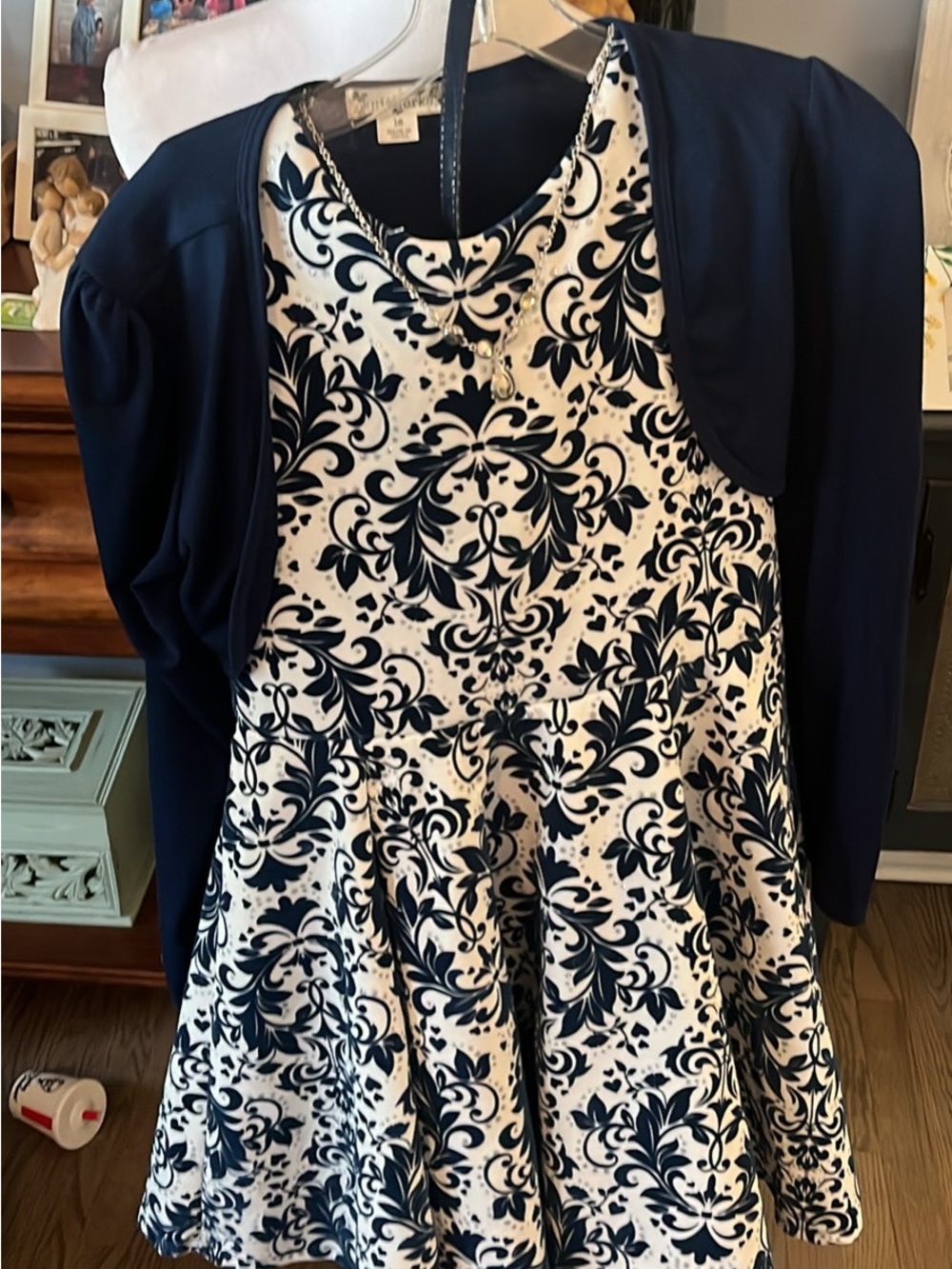 Knitworks Navy and White Floral Fit-and-Flare Dress with Navy Bolero